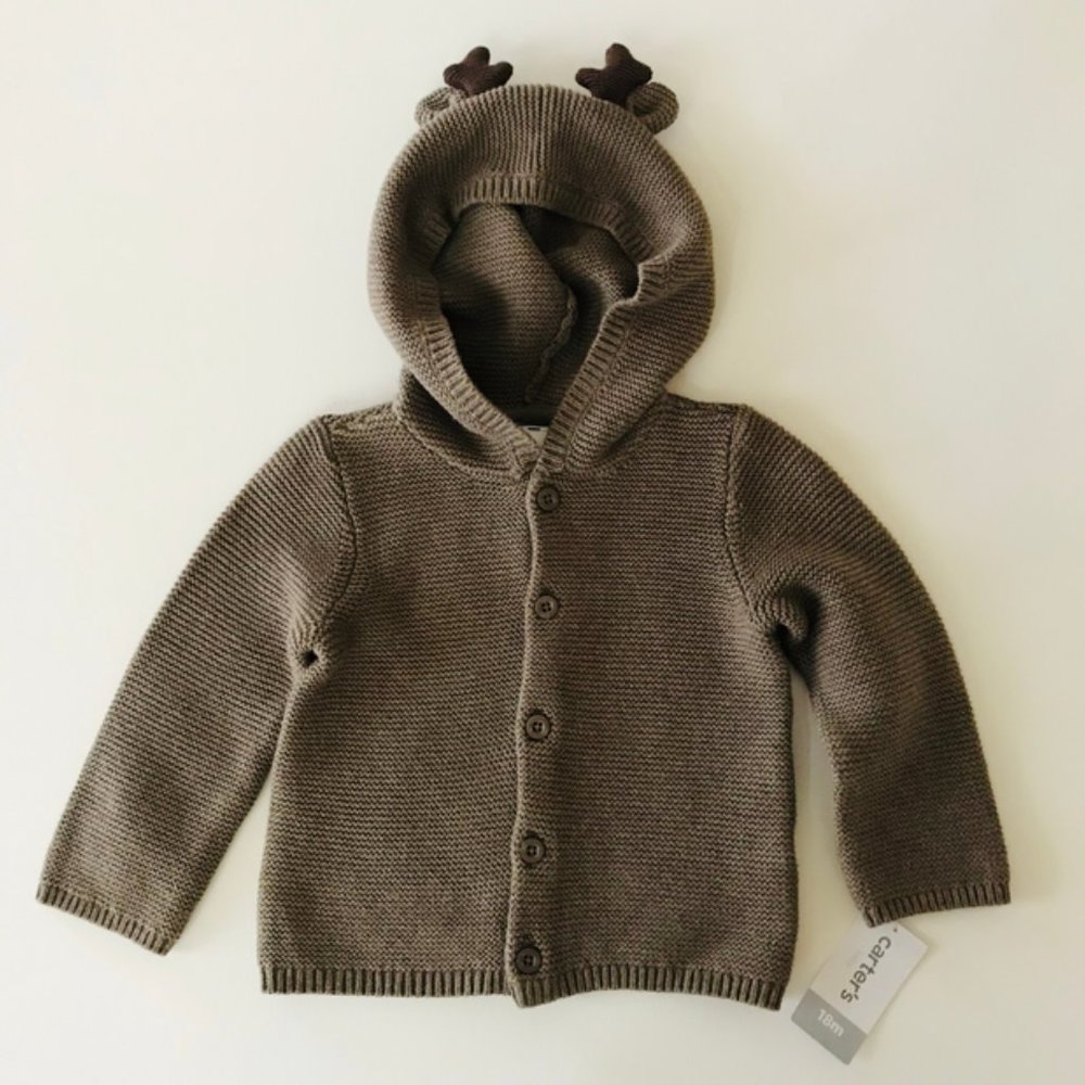 Carter’s 18 Months Baby Reindeer Hooded Knit Cardigan Sweater Hoodie Christmas